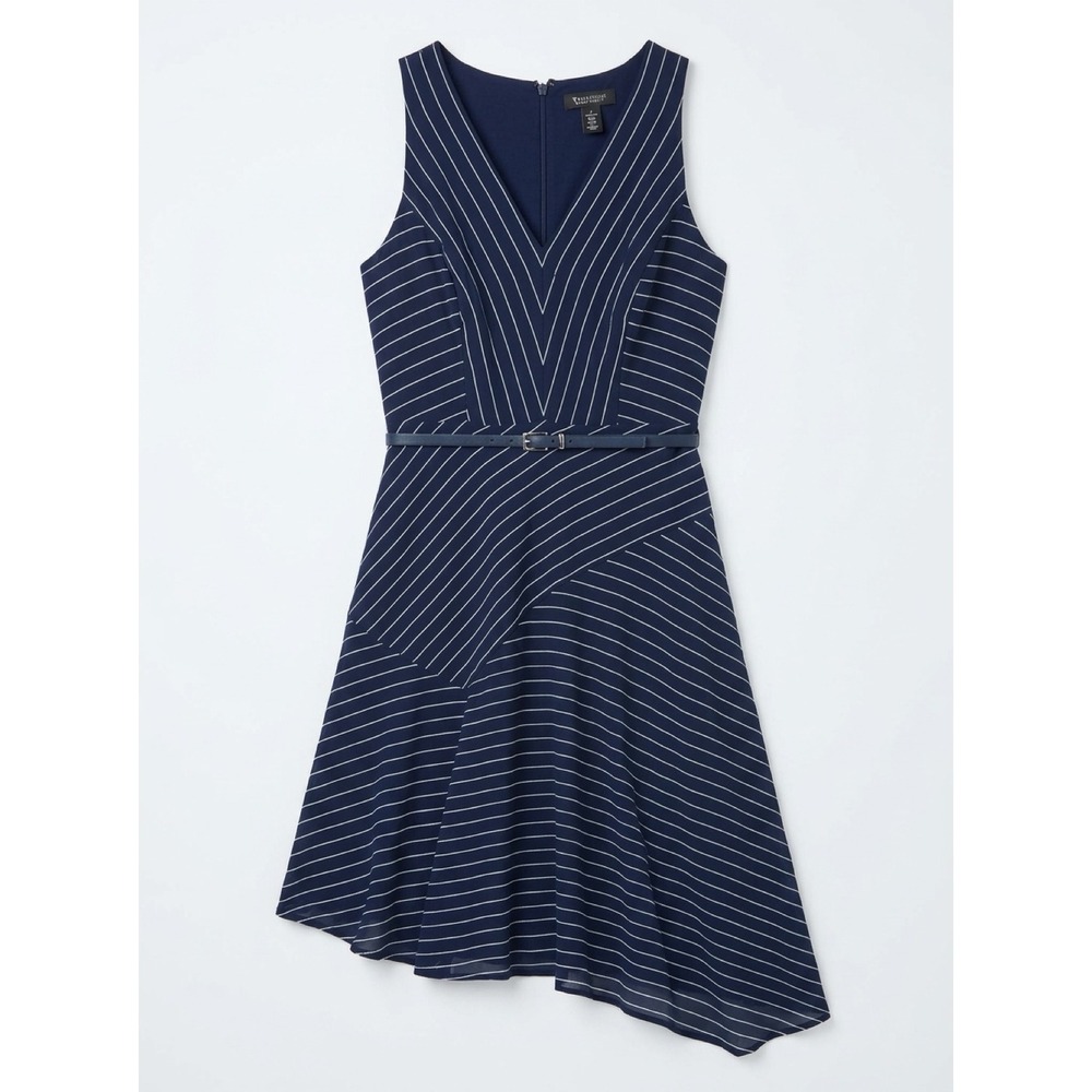 White House Black Market Navy Pinstripe Asymmetrical Belted Dress Size 4 V-Neck